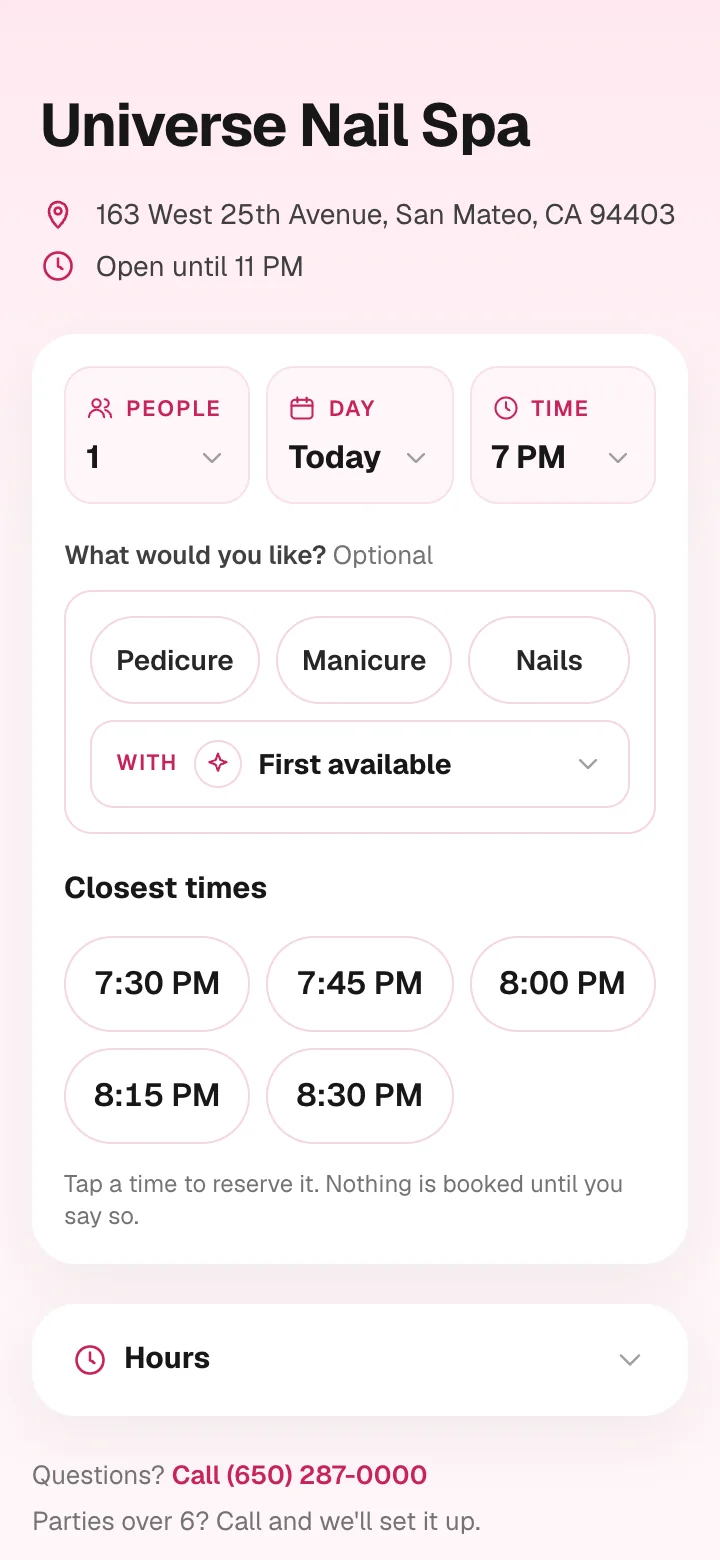 A salon's booking page on a phone: people, day and time, the optional services, and the closest open times