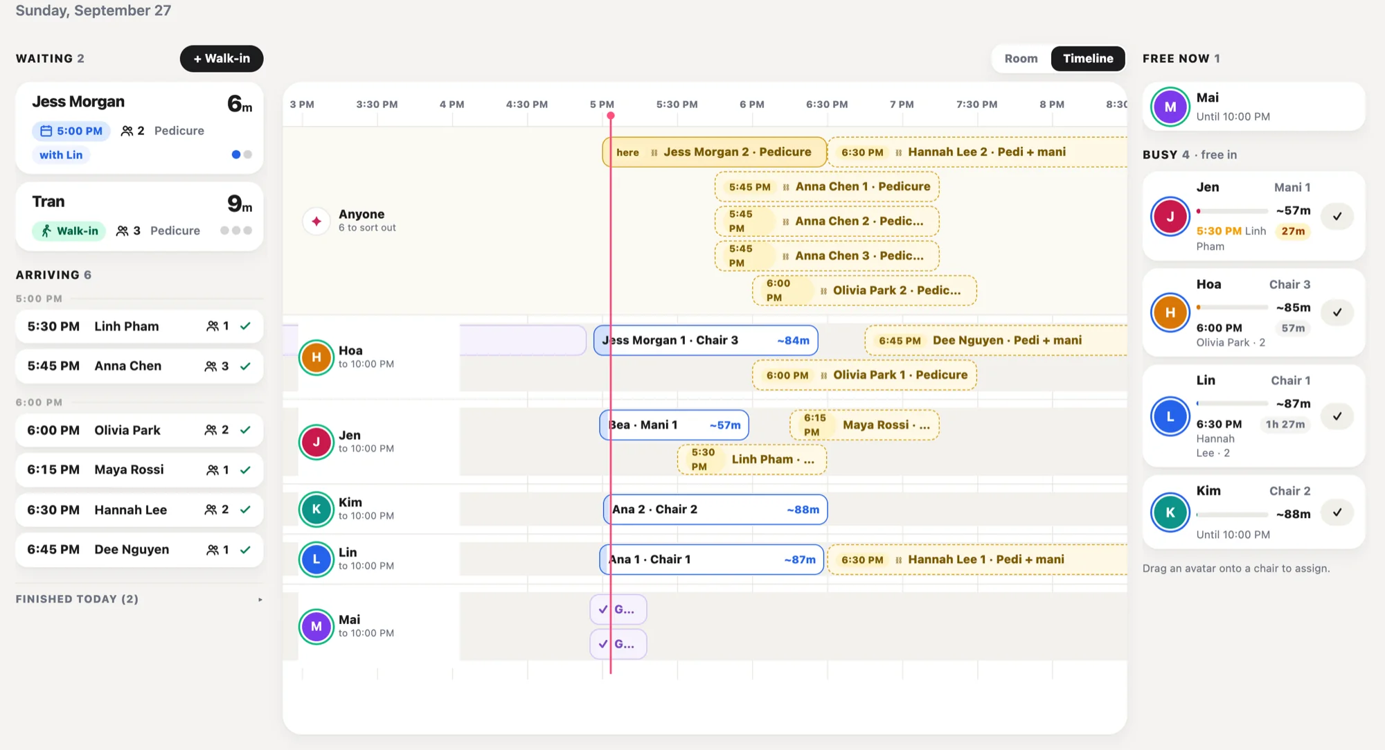 The InPops floor board, Timeline view: a row per technician showing who they are with now, how long is left, and the bookings coming up, with the waiting list and the arrivals beside it