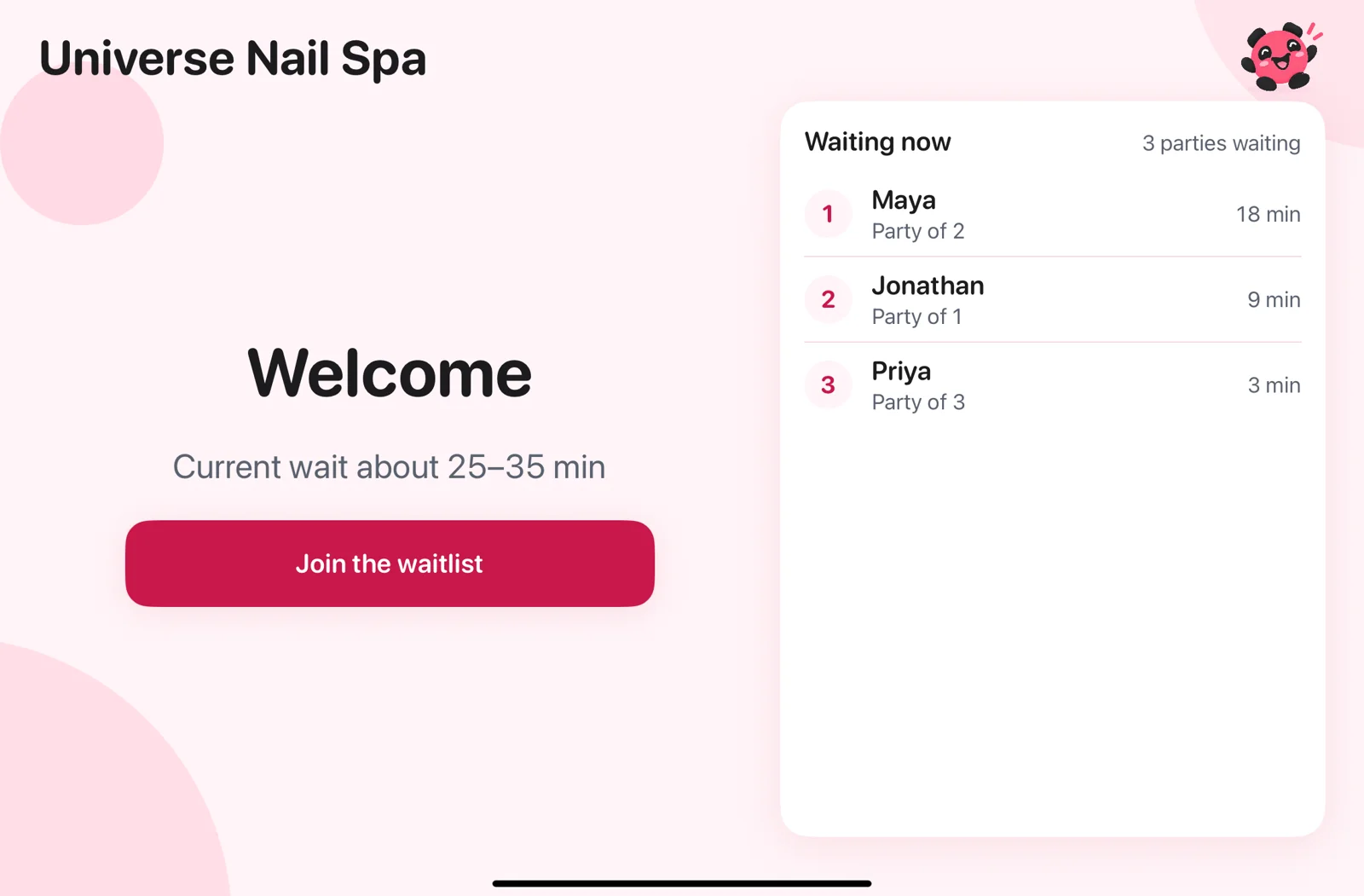 The InPops check-in kiosk on an iPad: Welcome, the current wait, Join the waitlist, and the three parties waiting now