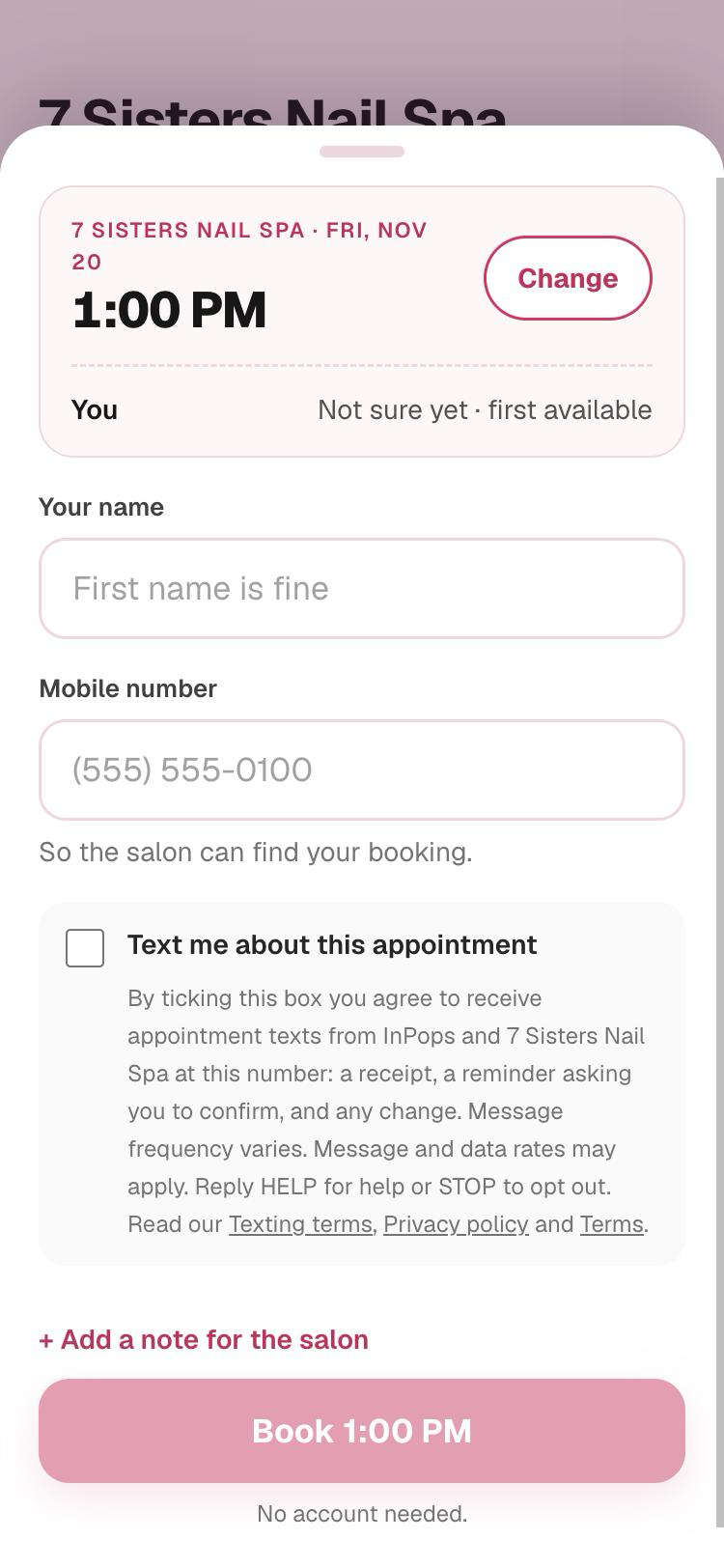The booking sheet on a phone: name and mobile number fields, an unticked box "Text me about this appointment" with its disclosure, and the Book button